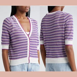 NEW $348‎ Veronica Beard [ Large ] Varia Mixed Stripe Cardigan White Purple